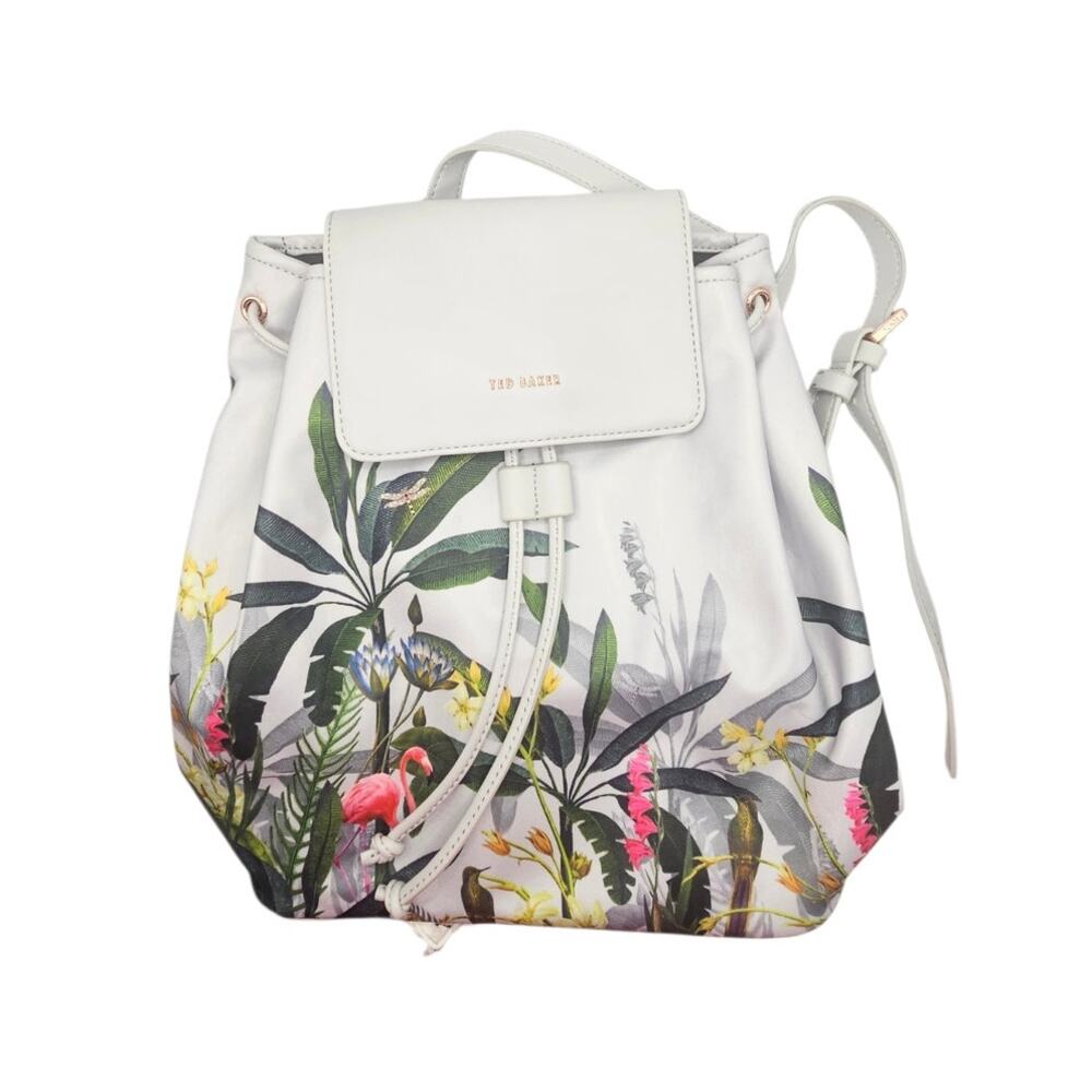 Ted Baker HHolly Pistachio Floral Flamingo Nylon Backpack White Rose Gold